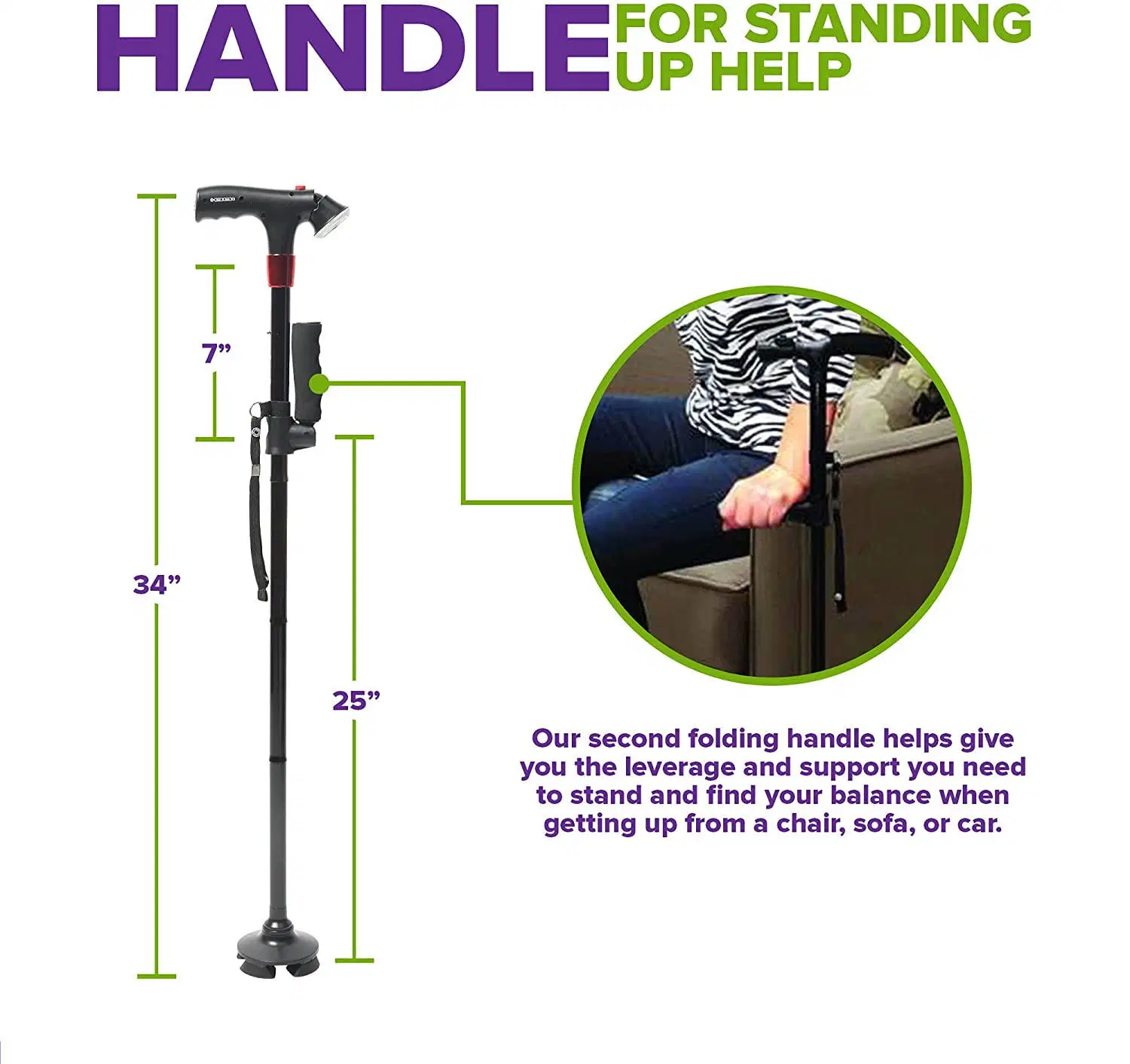 Premium Travel Lightweight Folding Walking Cane with LED Flashlight - Sos Alarm - W/Non Slip Flexible Cane Tip & Extra Handle