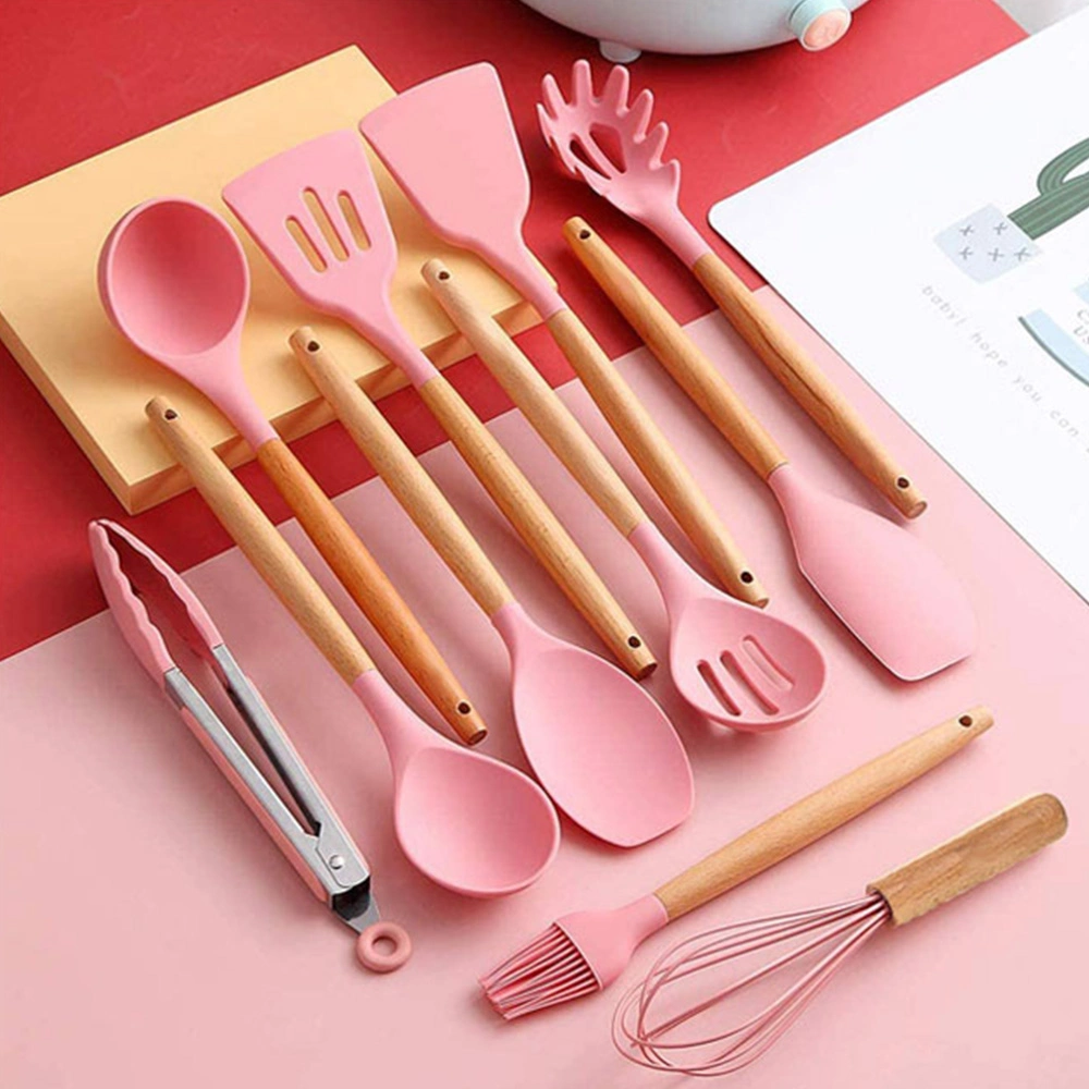 Custom Silicone Kitchenware 12 Pieces Cookware Household Kitchen Utensils Set with Wooden Handle