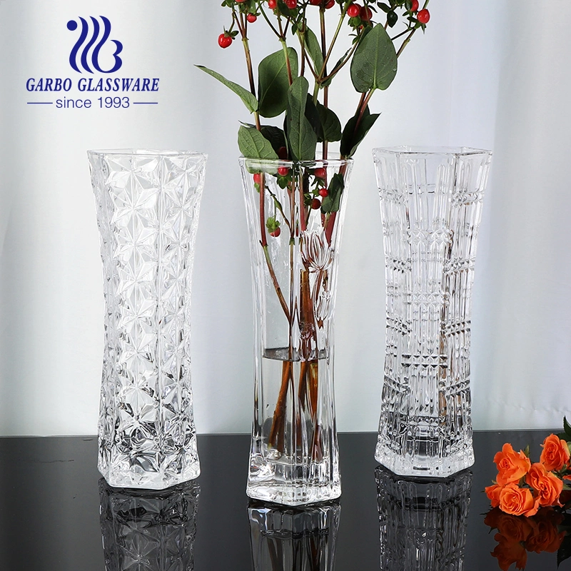Home Table Decoration Simple Design Glass Vase with Square Engraved Embossing Pattern Flower Glass Holder for Daily Use