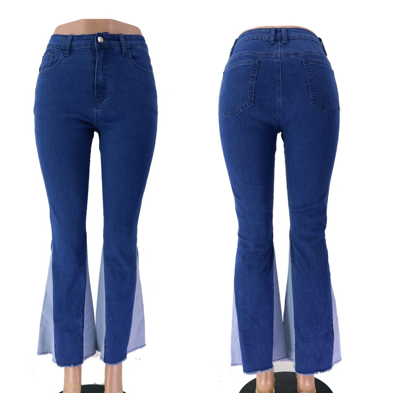 Großhandel/Lieferant Junior Plus Größe Hochhaus Super Damen Dunkelblau Flare Geteilte Jeans