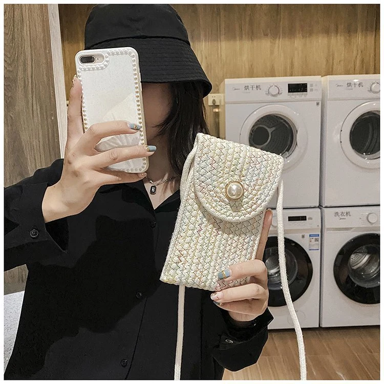 The 2021 New Pearl Contracted Mobile Phone Zero Wallet Cotton Thread Woven Contrast Color Stripe Small Bag