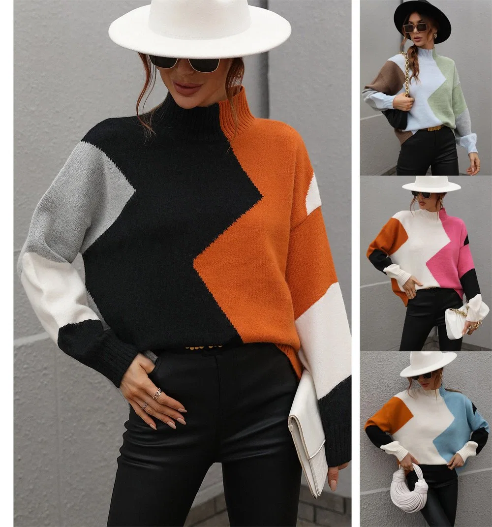 Guangzhou Wholesale Garment Manufacturer Woman Clothes Loose Color Blocking Round Neck Woman Sweater
