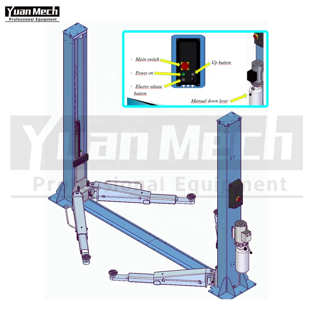 Yuanmech F4032em Baseplate zwei Post Car Lift mit manueller nach unten Ventil Leverand und Elektromagnet mechanisch