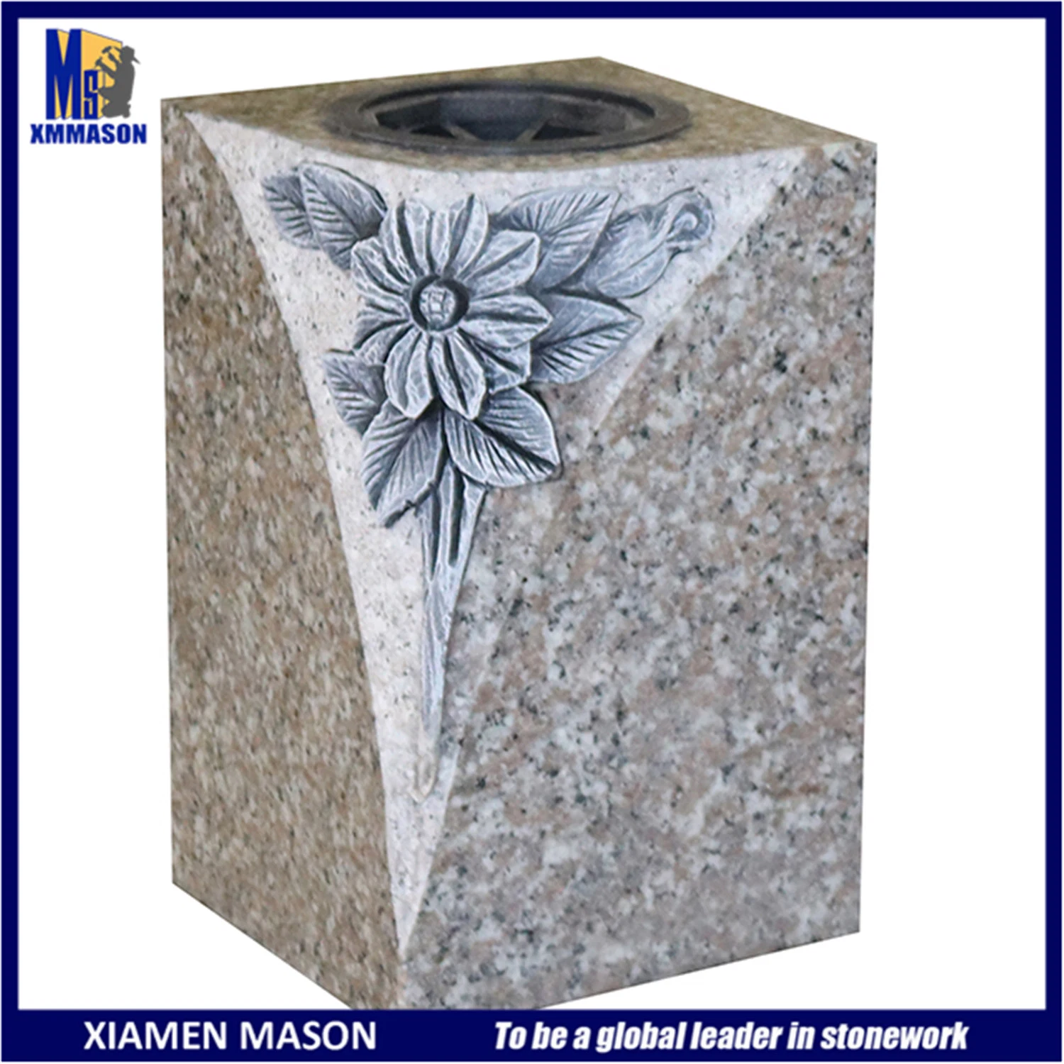 Xiamen Manufacturer Supply Wholesale Pink Granite Stone Memorial Vases with Flower Carving for Headstone