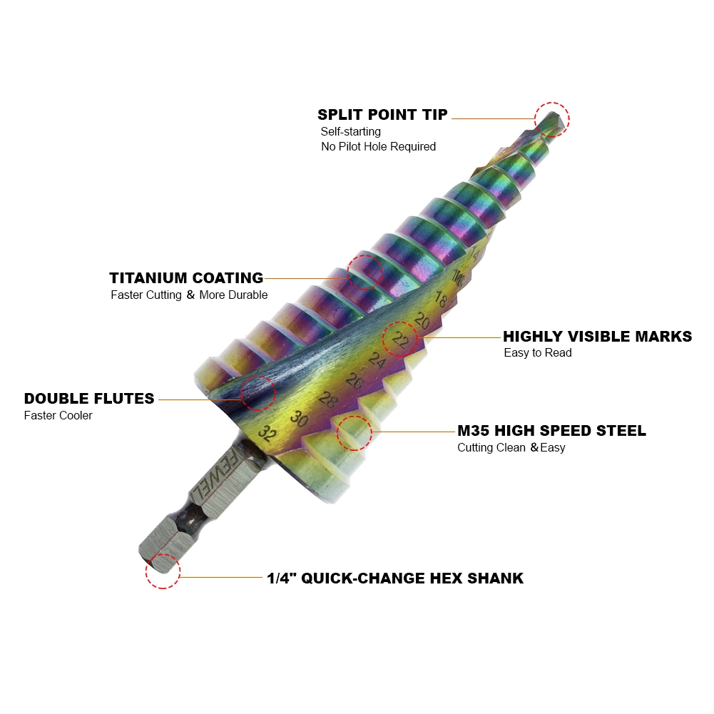 3pcs 4-12mm 4-20mm 4-32mm HSS M35 Sechskantschaft-Elektrowerkzeuge Spiralnut Titan Step Bohrer für Metallbohrungen
