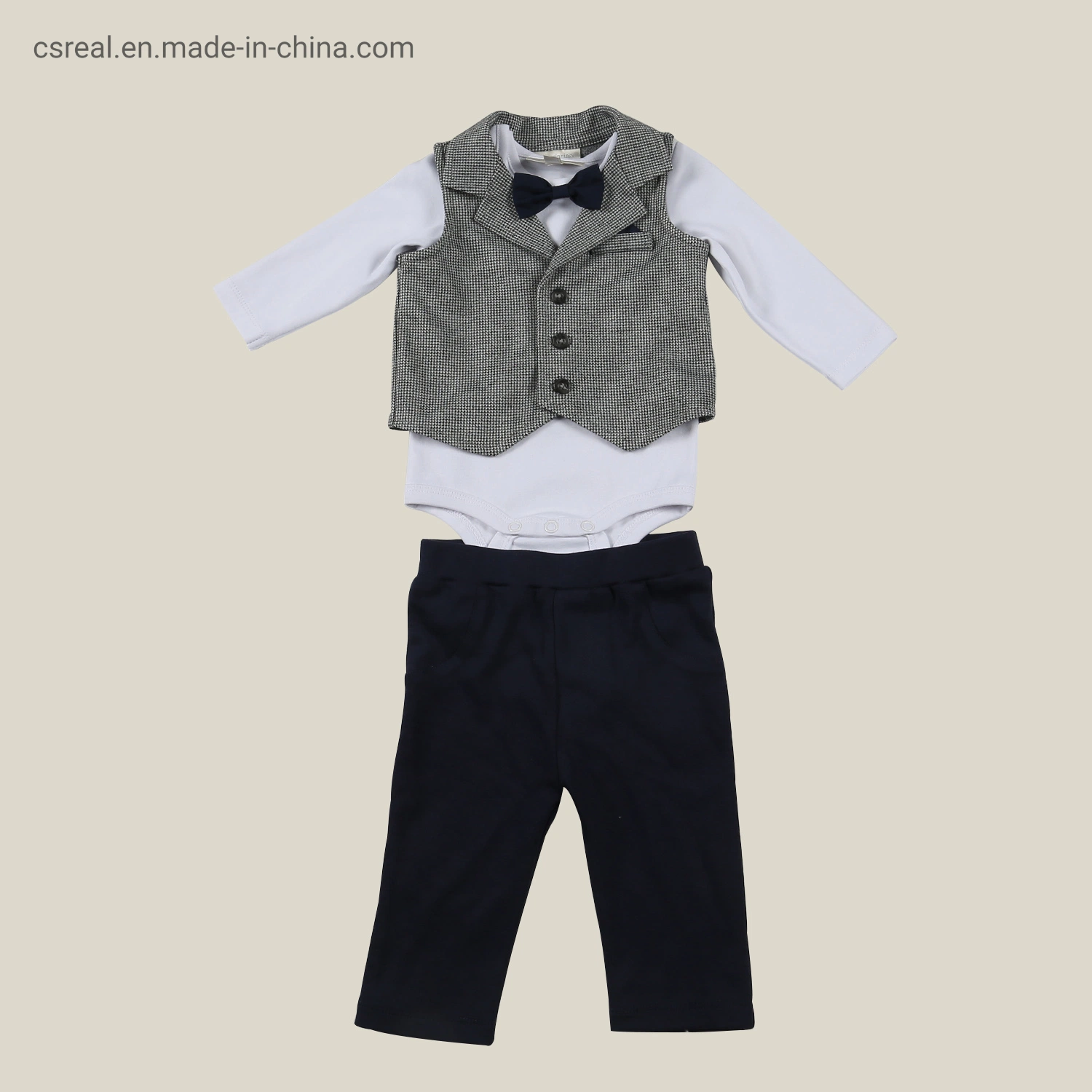 Infant Children Clothes Boy Grey Vest White Romper Black Pant Suit Wear
