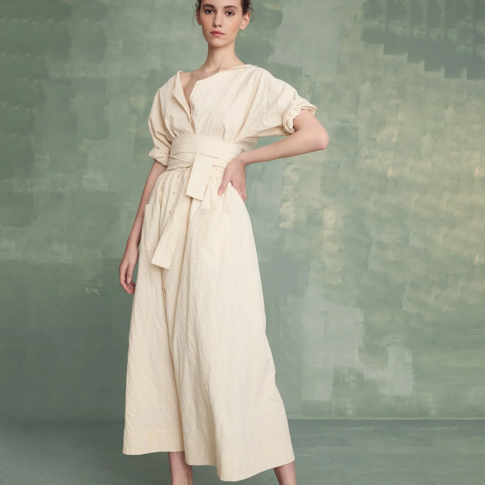 Custom Summer Trimmed Waist Linen Solid Color Casual Loose Elegant Pleated Dress