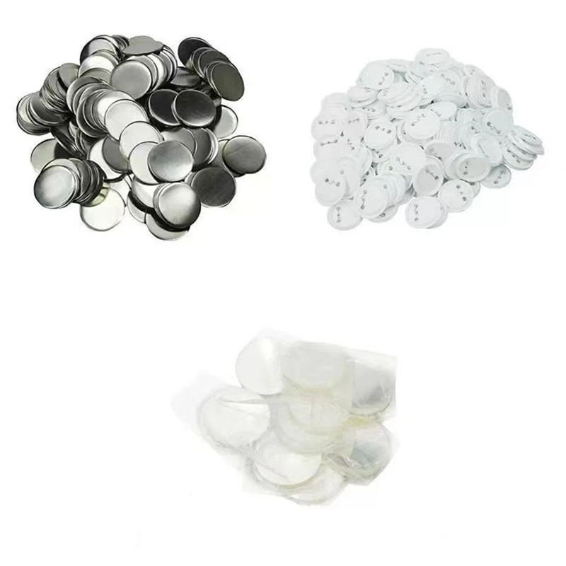 Button Parts for Button Maker Machine, Round Badge Blank Button Pins, Includes Plastic Button Pin Back Cover, Metal Cover, Clear Film&Blank Paper