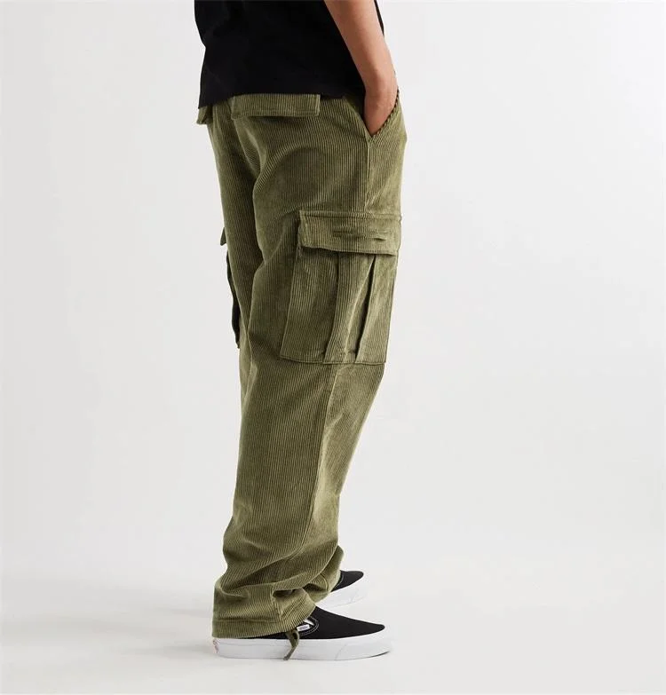 Custom Men Straight Leg Pants OEM Corduroy Casual Track Cargo Pants with Big Pockets