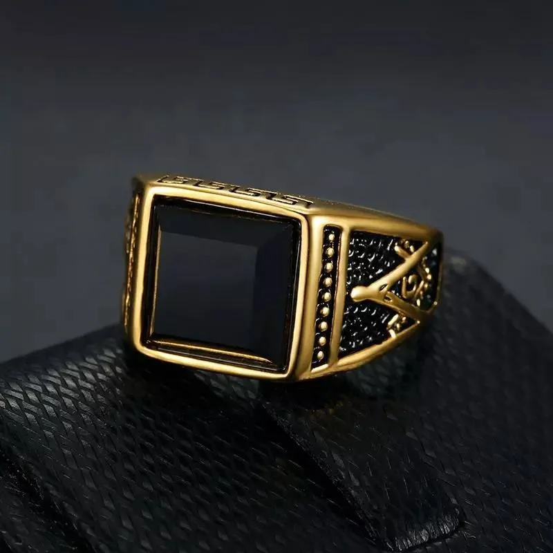 Gold Ring with Black Stone Vintage Bronze Mens Ring