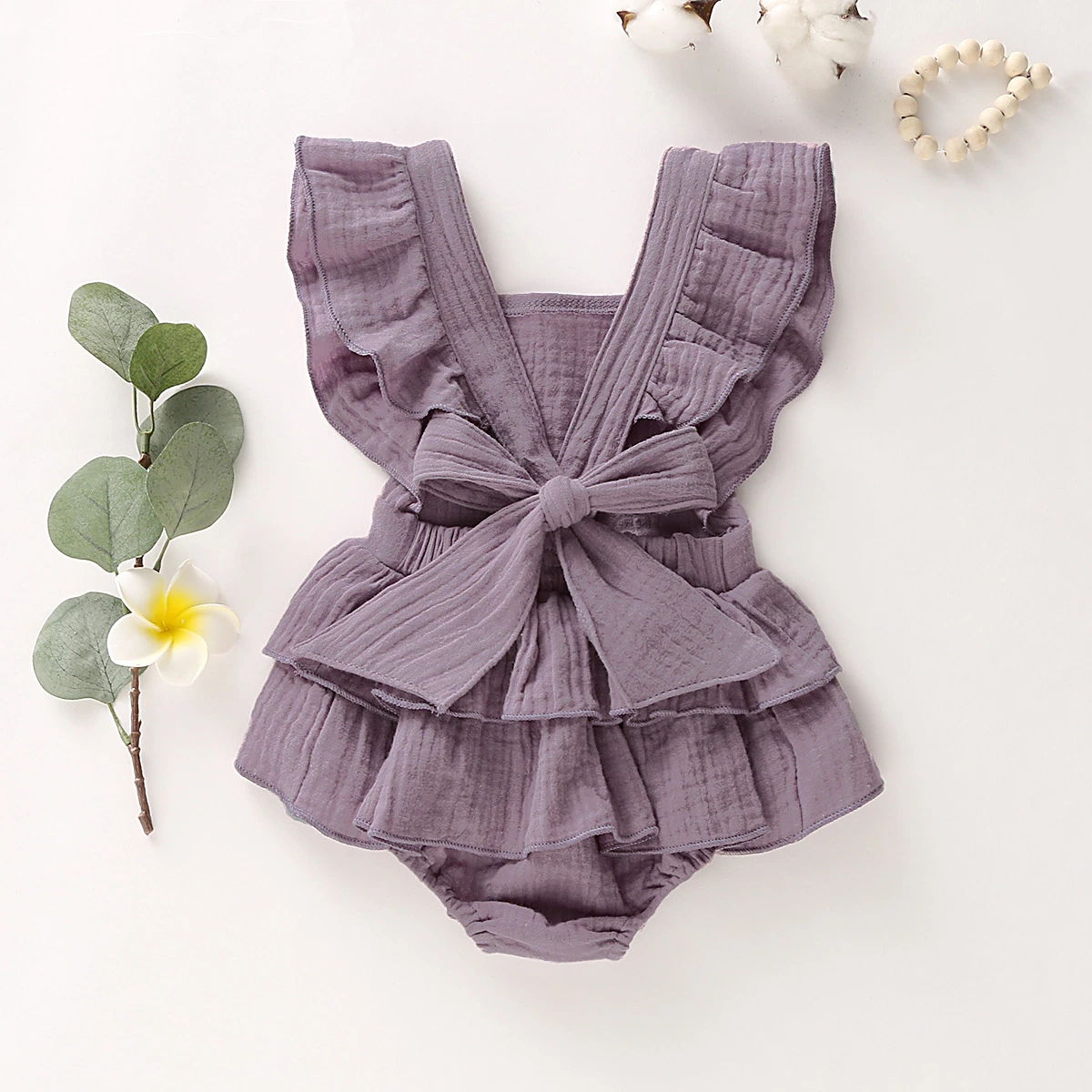 Summer Soft Infant and Toddler Rompers Blank Woven Jumpsuit Back with Bow Knot