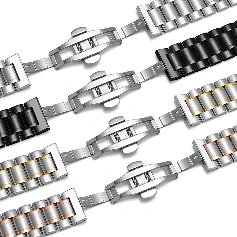 Customized 304 Precision Stainless Steel Adjustable Metal Stainless for Apple Watch Band Beads 38-49mm Solid Butterfly Buckle Watch Strap