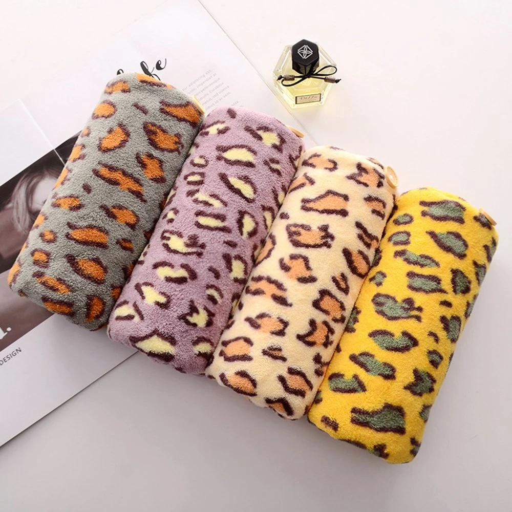 Quick Drying Large Microfiber Turban Towel with Buttons Hair Towel with Leopard Printing