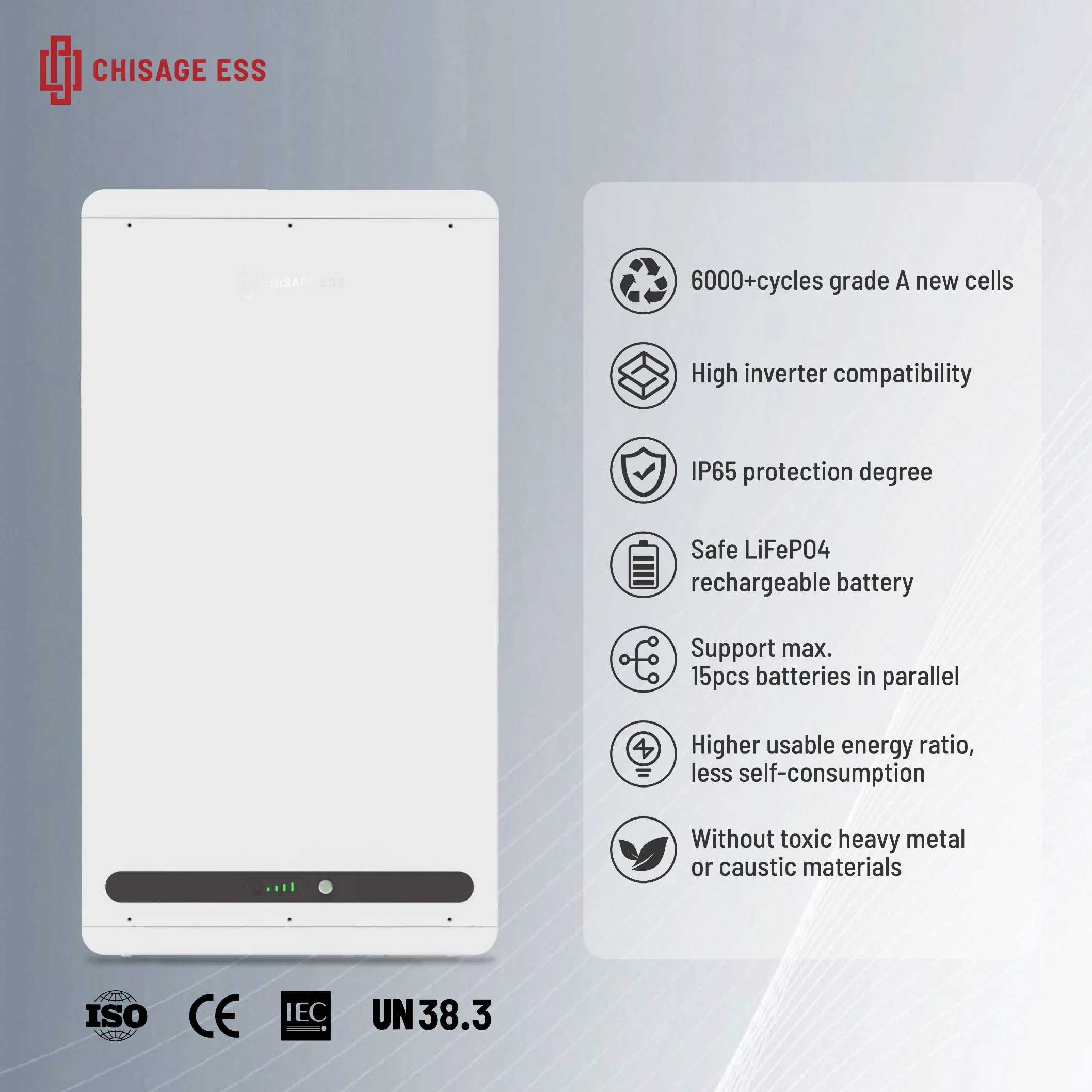 Batterie de stockage d'énergie solaire rechargeable Lithium-Ion LiFePO4 LFP de 5 kWh et 10 kWh compatible avec les onduleurs basse tension, avec écran LCD.