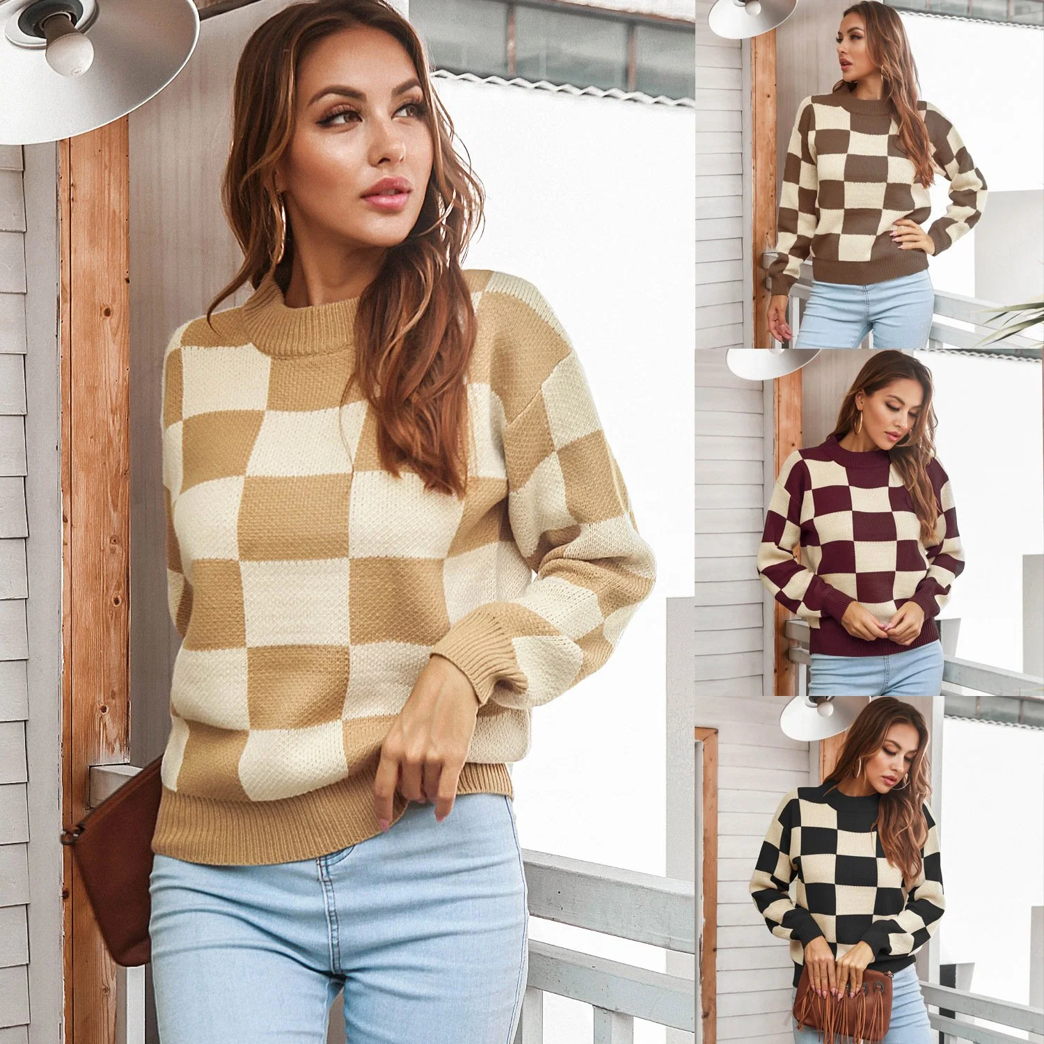 Solid Color Casual Long Sleeve Plaid Women Pullover Sweater