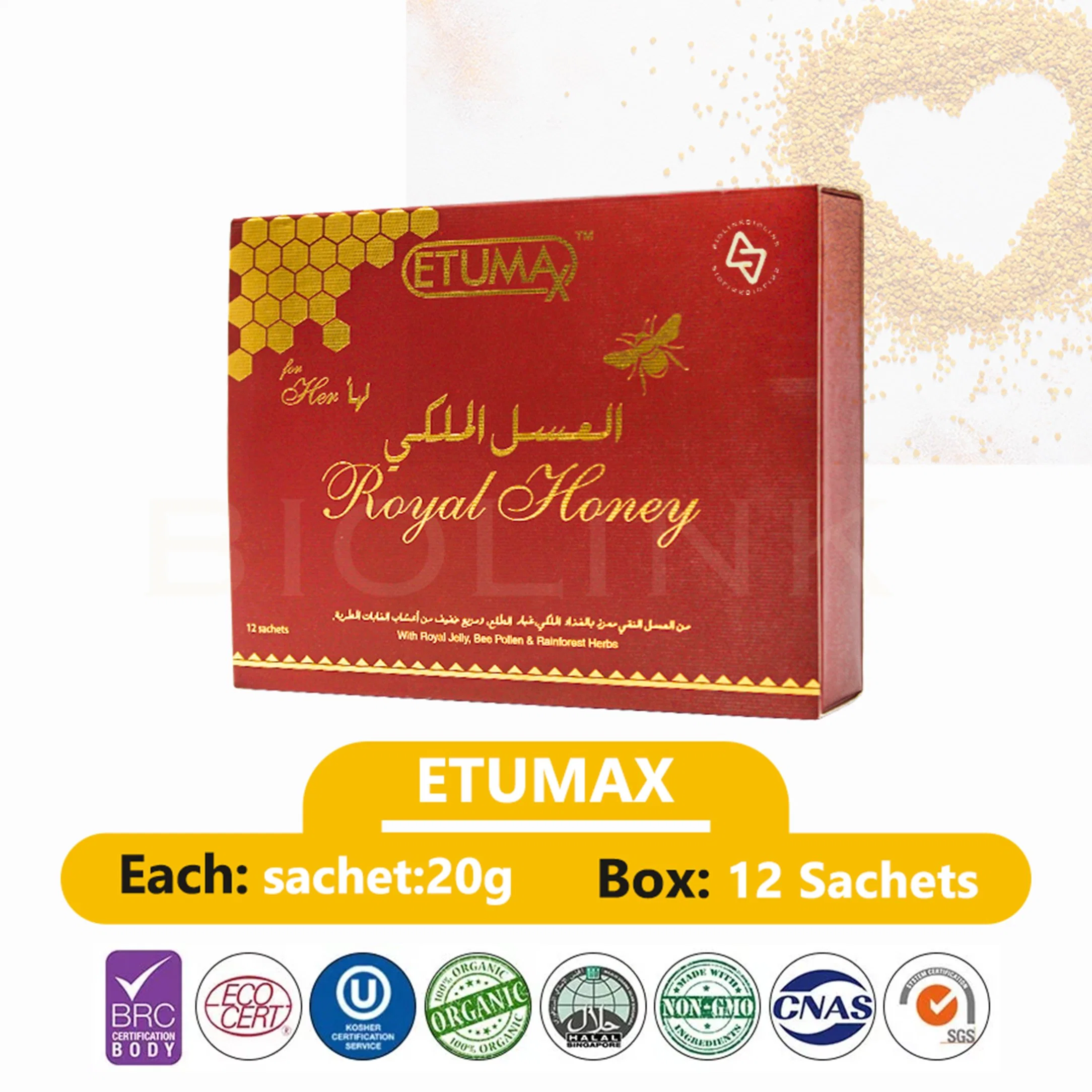 Oriente Medio garantizado Etumax Halal de miel real 50box 24 sobres de envío gratis de Jalea Real