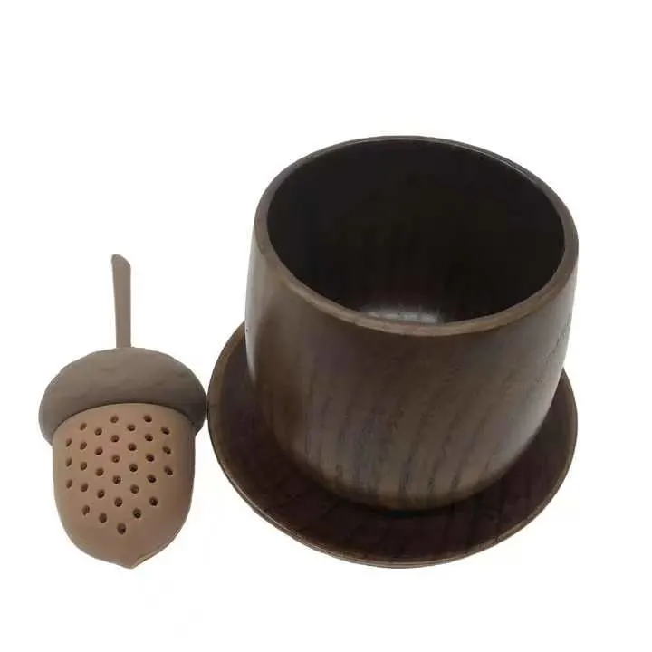 Boîte cadeau japonaise faite à la main en bois de jujubier pour thé et café, tasse en bois pour boire avec 2 tasses et soucoupes et passoire à thé en silicone.