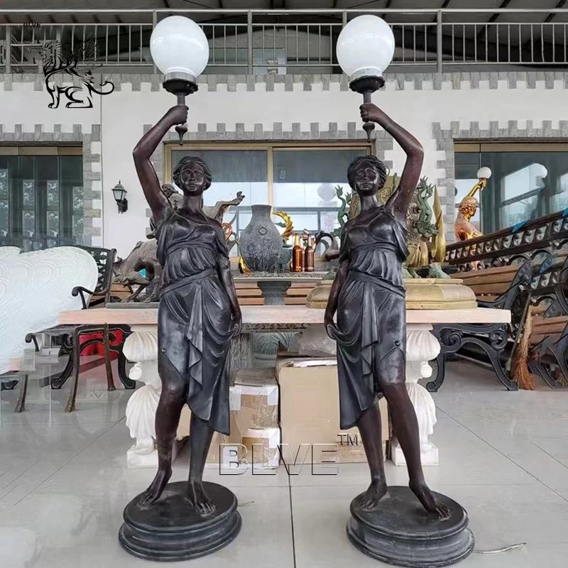 Garden Antique Metal Life Size Elegant Lady Lamps Sculpture Bronze Women Statues Lamp Factory