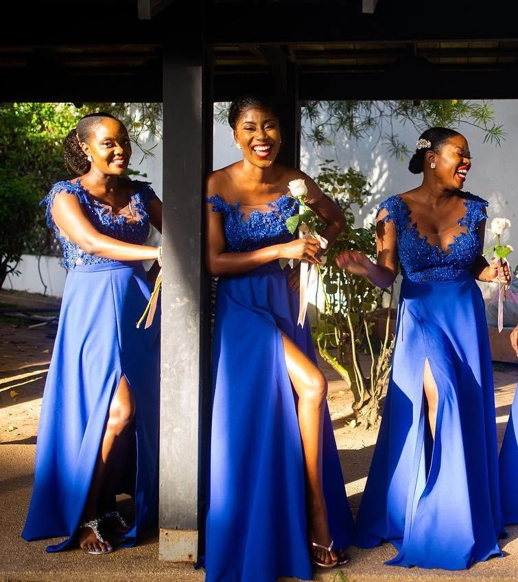 African Royal Blue Bridesmaid Dresses A Line Cap Sleeve Chiffon Lace Maid of Honor Gowns A9