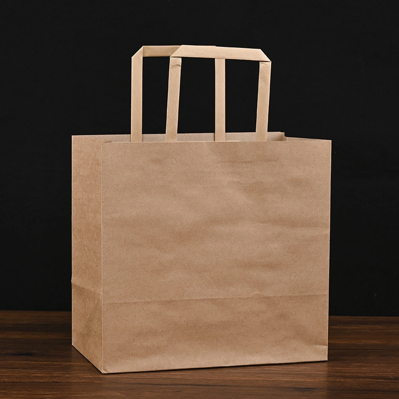 Custom Logo Restaurant Carry out Paper Bags Takeaway Reusable Kraft Paper Bags for Food Pizza with Handle Wide Square Base