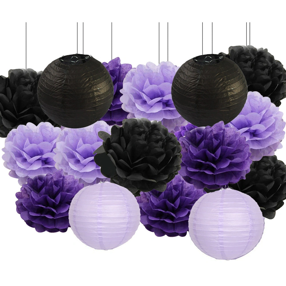 16PCS Black Paper Lantern Purple Paper Flower Ball Set Halloween Decoration