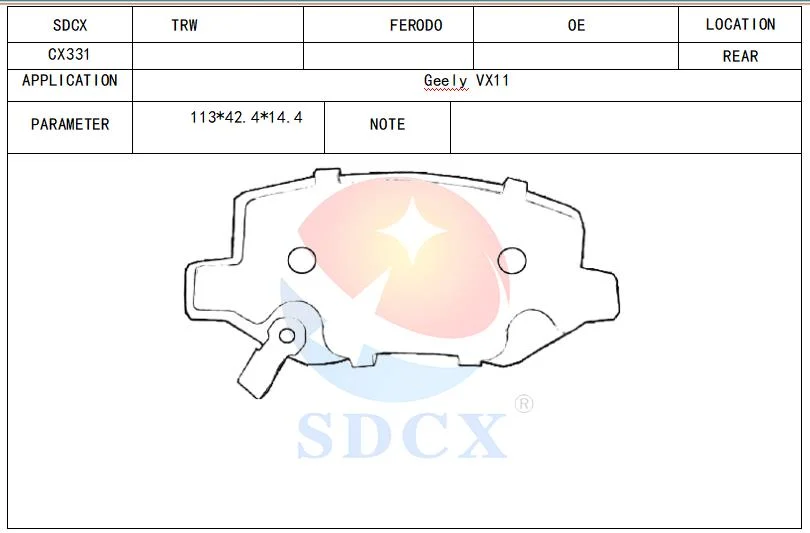 Sdcx Cx331 Other Auto Parts Resistance to Thermal Decay Ceramic Brake Pad for Geely Haoyue