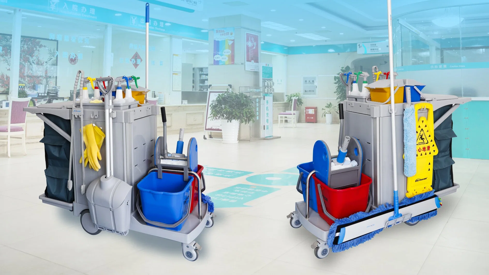 Double Bucket Clean Hospital Linen Plastic Hand Cart and Cleaning Trolley