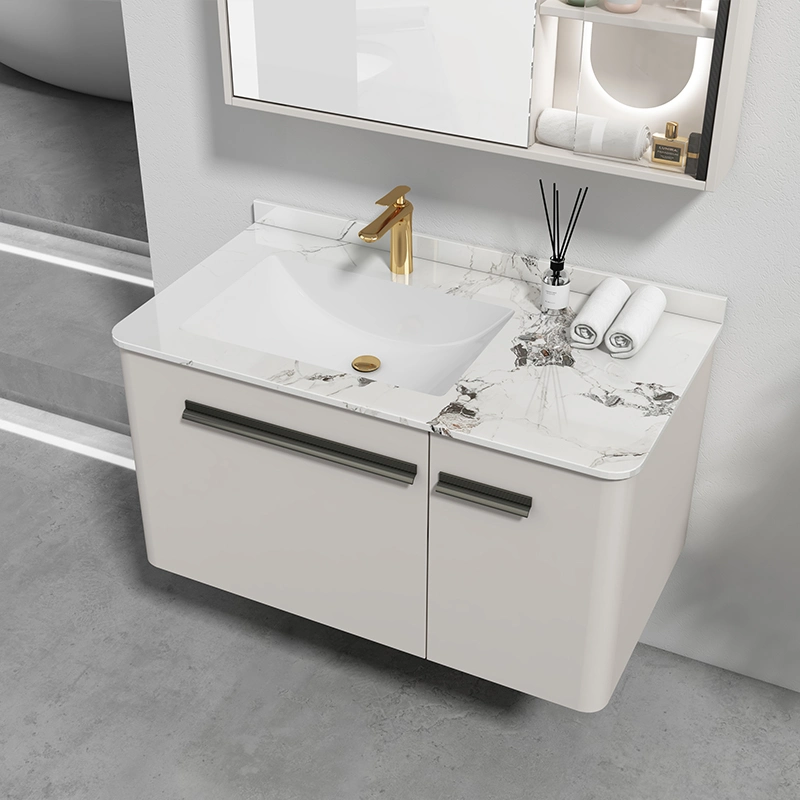 Customized Left Sided Floating Vanity White Color Wood Storage Bathroom Cabinet with Sink Combo