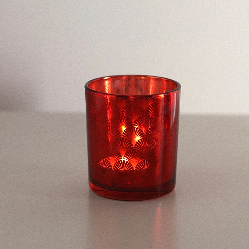 Feather Pattern Glass Empty Cup Modern Candle Holder Candle Cup Red and Gold Pendant Table Household Decoration Candlestick