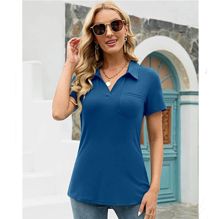 Short Sleeve Collared Women Polo Shirt with Pocket