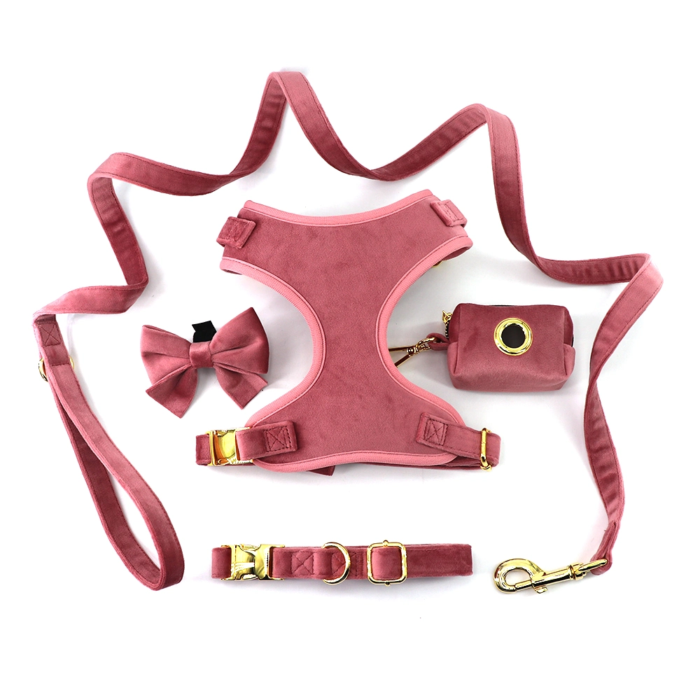 Velvet Dog Harness Adjustable Soft Pet Walking Harness Collar Leash/Lead with Rose Gold Buckle