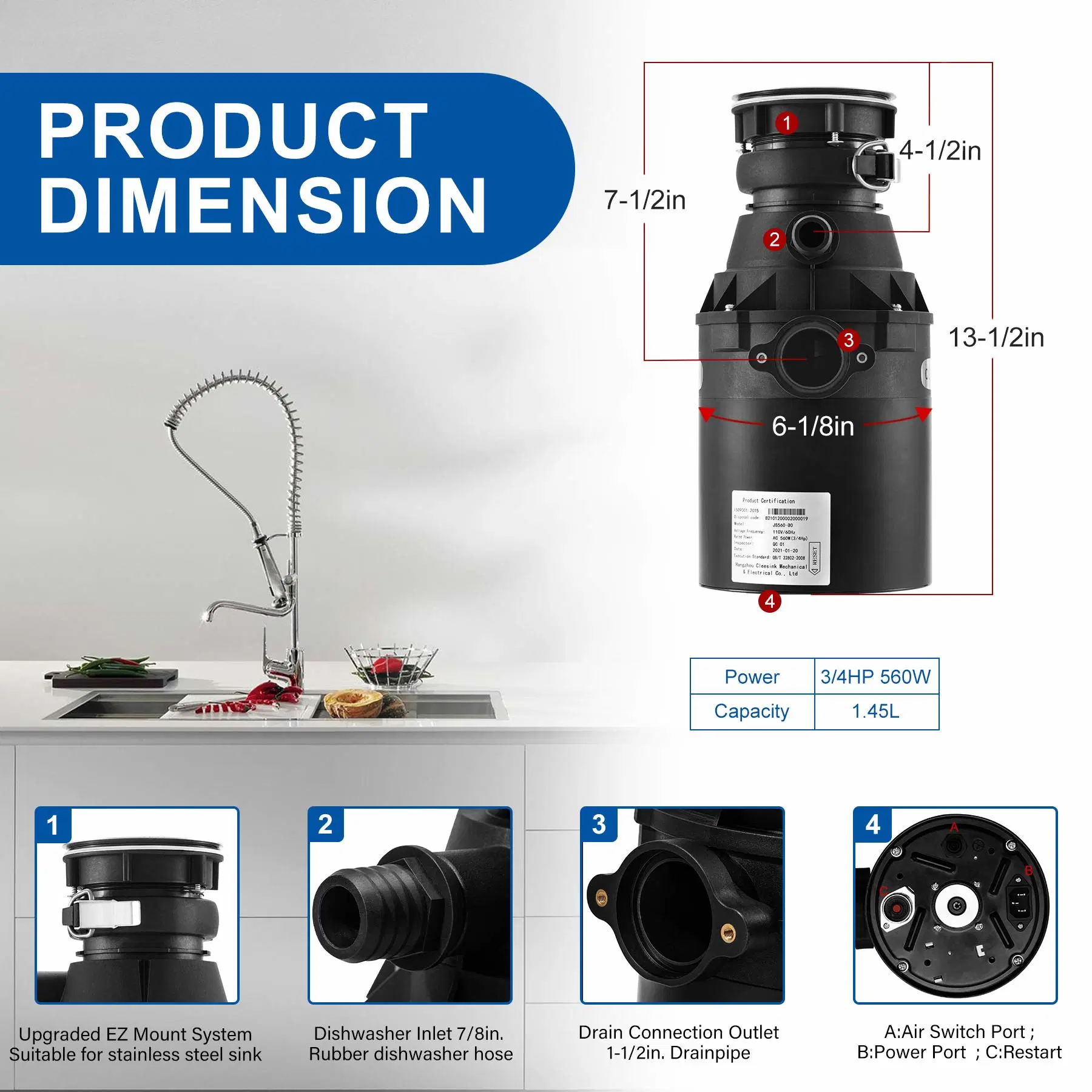 3/4HP CE/CB/RoHS Sink Food Waste Disposer