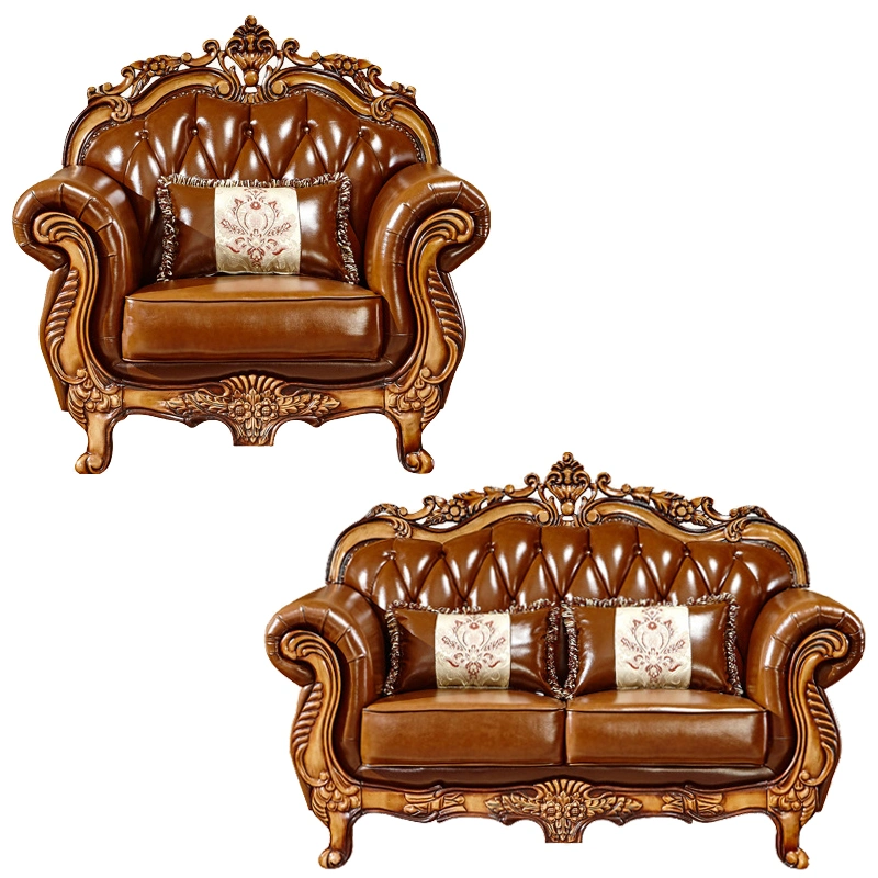 Home Furniture Factory Wholesale/Supplier Wood Carved Leather Sofa in Optional Furnitures Color and Couch Seat