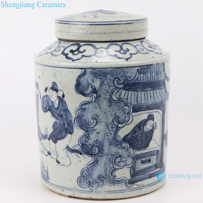 Chinois fait main porcelaine bleu et blanc Antique bocal Ancestor Lidded Pot