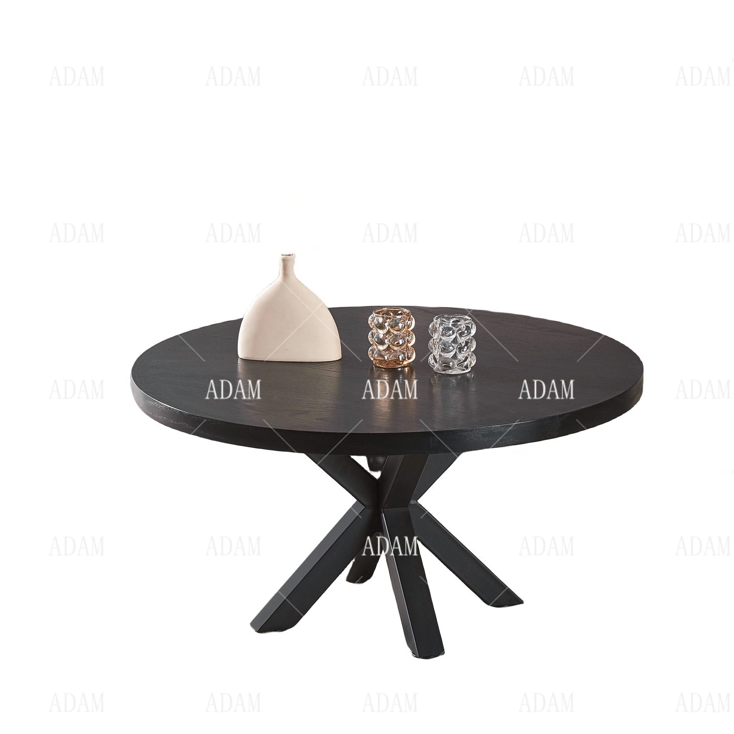 Industrial Table Metal Wooden Round Coffee Table with Black Veneer Leg Top