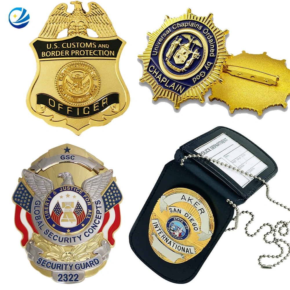 Custom Logo Officer Sheriff Security Military Army Captain Uniform 3D Gold Enamel Lapel Pins Us UK Nypd Chicago Lapd Leather Wallet Police Badge Holder