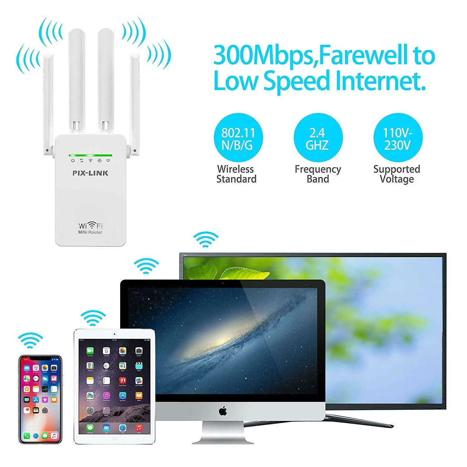 300Mbps WiFi Repeater 2.4GHz Wi-Fi Signal Extender 802.11b/G/N Wps High Gain Antennas Repeteur Rout Booster