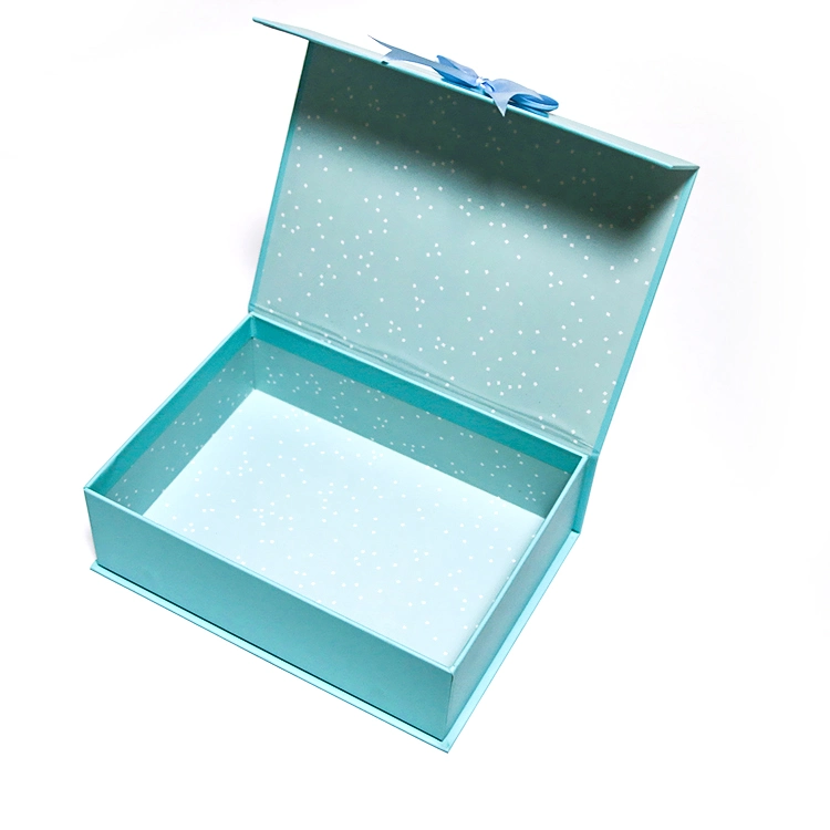 Luxury Logo Custom Blue Printing Rigid Magnetic Paper Gift Box with Bow Decoration