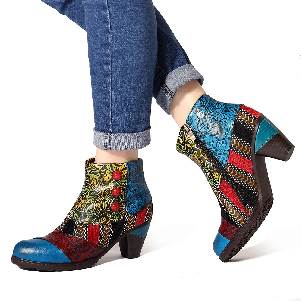 Lady&prime; S Embossed Handmade Leather Footwear Women Floral Pattern Bohemian Vintage Colorful Boots