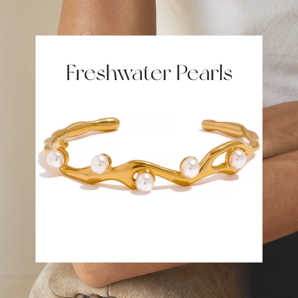 Elegant Artificial Pearls Gold Color Copper Twist Cuff Bracelet Bangle Waterproof Charm Jewelry for Women