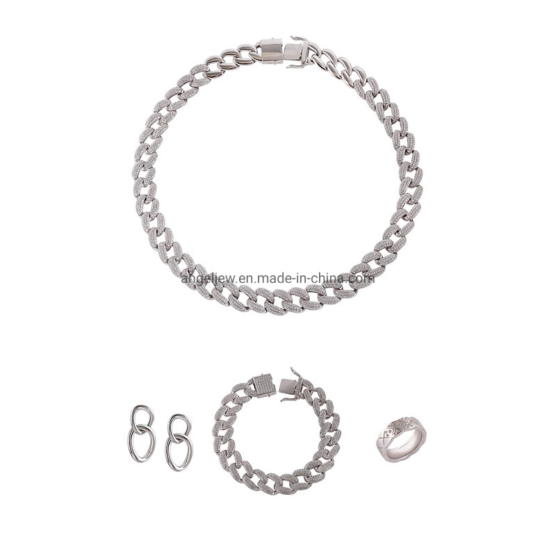 Hot Sales Custom Damen &amp; Herren Accessoires 925 Silber oder Messing Fashion Schmuck Set Hip-Hop Kubanische Gliederkette Zirkon Diamant Schmuck Armband Halsketten