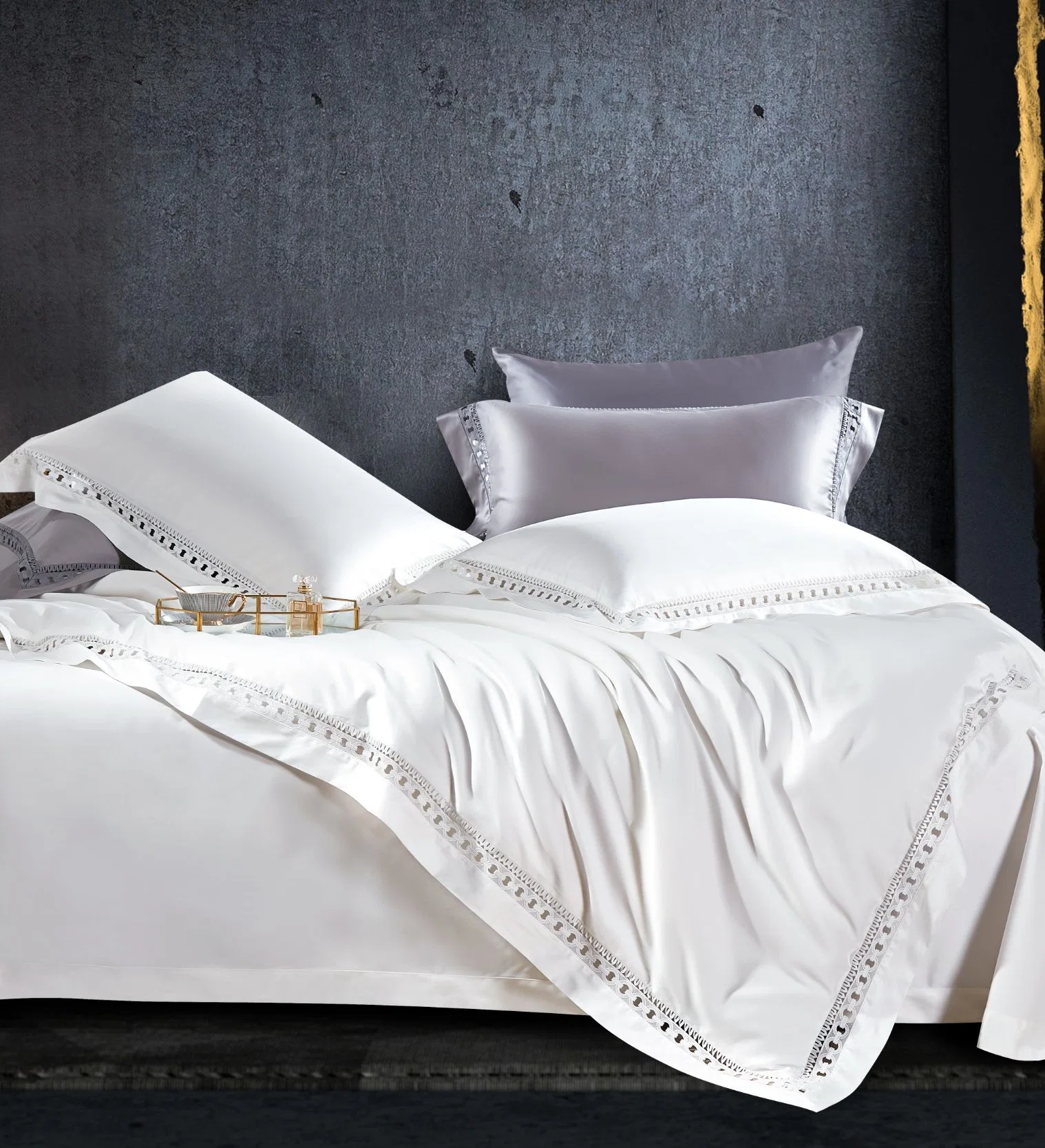 100% Cotton Solid with Lace 4-PC Jyj2 Bedding Set