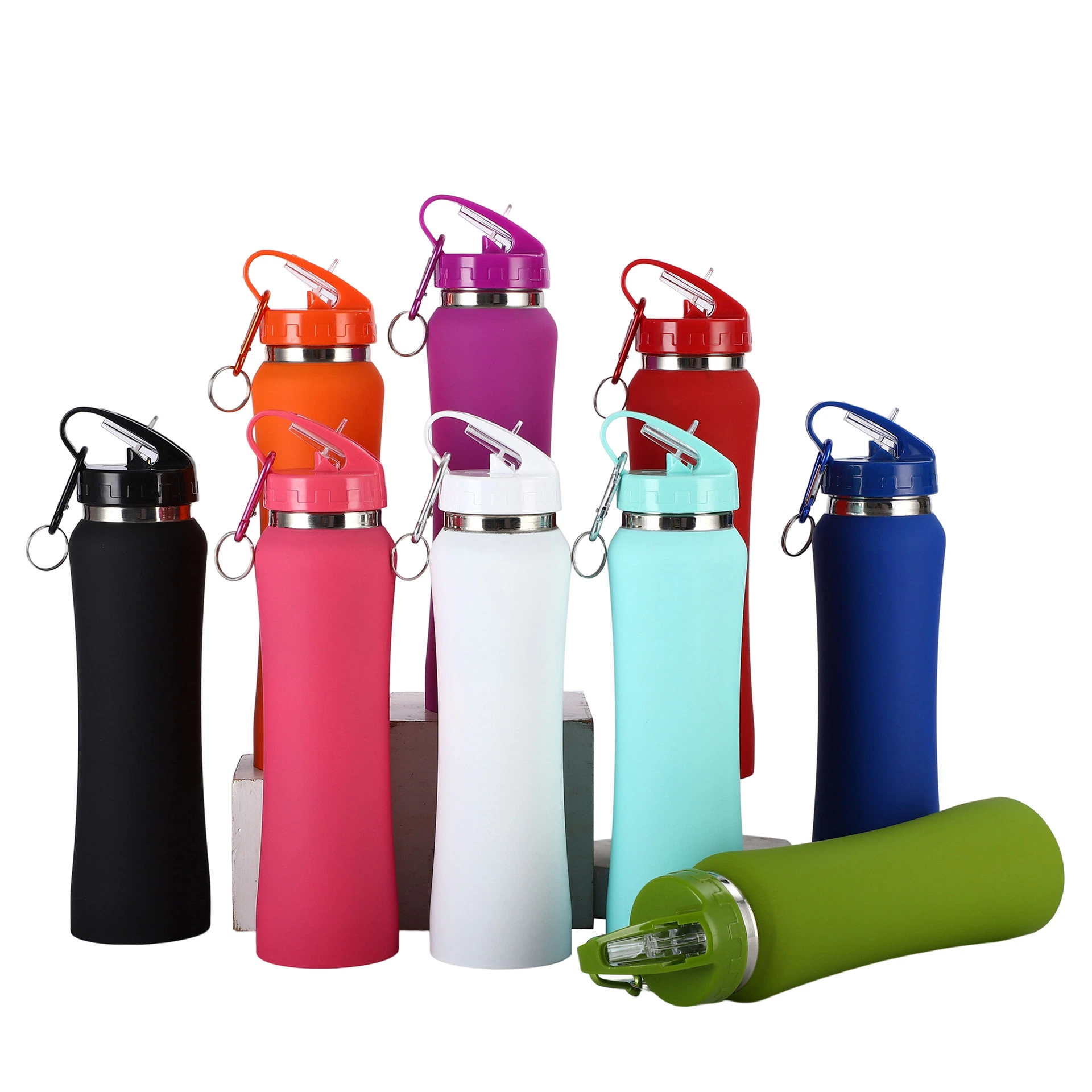 18/8 Vacuum Flask Double Walled Stainless Steel Termos Heat Insulated Cup Portable Gym Fitness Rubber Paint Sports Water Bottle with Straw Carabiner