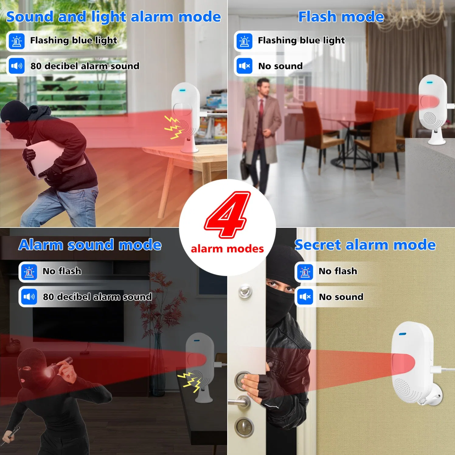 أبيض اللون البطارية نوع C Motion Sound Alarm Home Burglar نظام إنذار الأمان