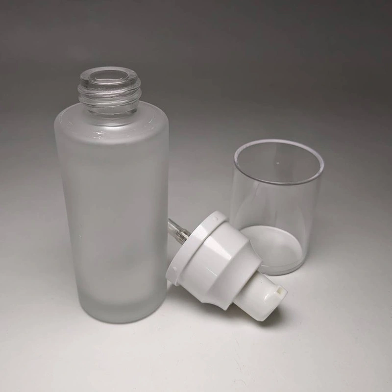 Simple Design Cylinder 50ml Matte Glass Bottle White Plastic Cream/Lotion Pump 18/415 Neck Size