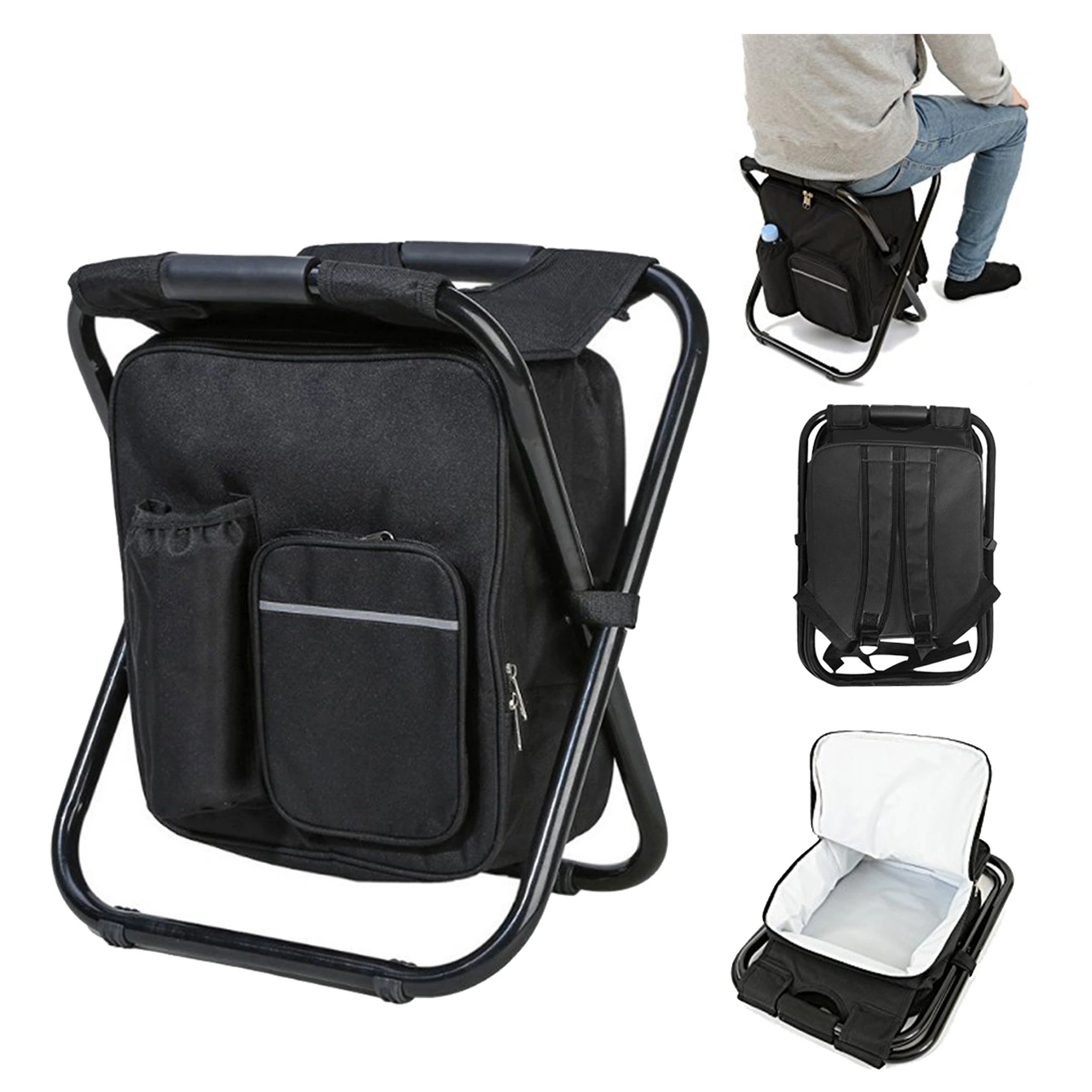 3 in 1 Fishing Backpack Folding Black Chair Seat with Cooler Bag -Great for Storing Beers, Drinks Beverages