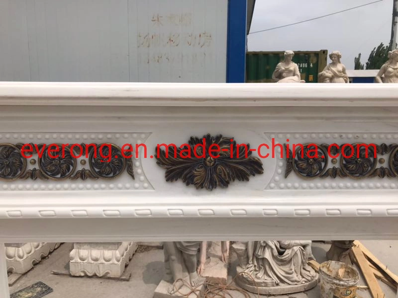 White Electric Fireplace Marble Mantel Fireplace with Bronze Statues Casting