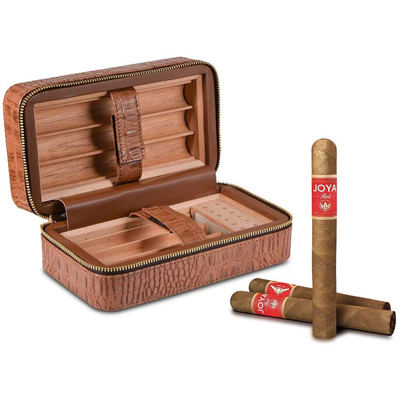 Cuero humidor de cigarros humidor de cigarros puros viaje caso forrado con madera de cedro humidificador bandejas desmontables gotero Funda caja de regalo