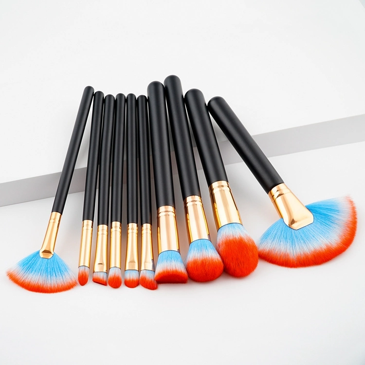 Herramientas de belleza maquillaje de alta calidad 10pcs Fan-Shaped Gran Juego de cepillos de mango de madera negra de tubo de Oro 5 cepillos cosméticos estilos para elegir