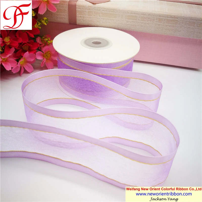 100% Nylon Satin Edge Organza Ribbon with Metallic Trims for Wrapping/Decoration/Xmas/Bows/Garment/Gift Decoration